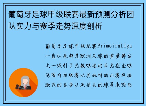 葡萄牙足球甲级联赛最新预测分析团队实力与赛季走势深度剖析