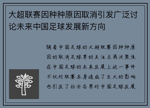 大超联赛因种种原因取消引发广泛讨论未来中国足球发展新方向