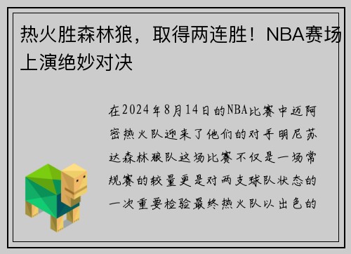 热火胜森林狼，取得两连胜！NBA赛场上演绝妙对决